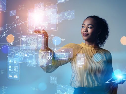 stock image of a woman, Digital transformation concept. System engineering. Binary code. Programming.