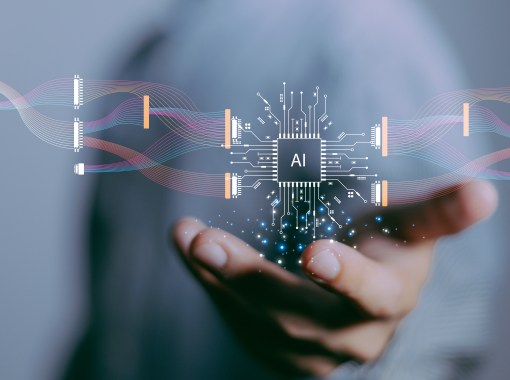 focus hand of businessman show virtual graphic data connect with AI.Using AI to sucess everything, Futuristic data technology.